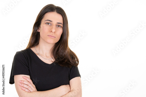 woman facial expression emotion of unhappy sad girl feeling sorry about something bad happened full of sadness and sorrow over white background looking aside copy space © OceanProd