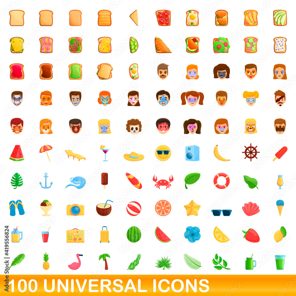 100 universal icons set. Cartoon illustration of 100 universal icons vector set isolated on white background 100 universal icons set. Cartoon illustration of 100 universal icons vector set isolated on white background