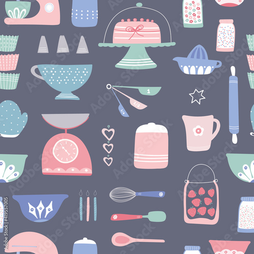 Baking pattern design. Vector seamless repeat of home cake cooking utensils and ingredients.Home baking resource.