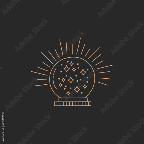 Shiny magic crystal ball, future fortune teller concept, gold simple line in boho style on black background, modern trendy hand drawn vector witch symbol and mystic design element, doodle flat shape.