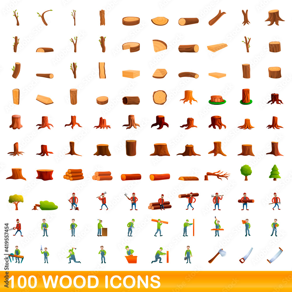 100 wood icons set. Cartoon illustration of 100 wood icons vector set isolated on white background 100 wood icons set. Cartoon illustration of 100 wood icons vector set isolated on white background