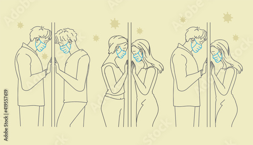 Couple mask. Couple wearing face masks. They want to touch each other through the glass. Love problems during Covid-19 detention. Social distance and stay at home concept.  Hand drawn style vector.
