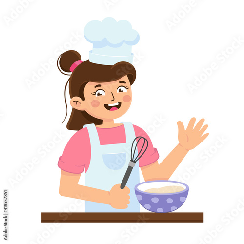 Girl cooking in kitchen. Little cook mixes the dough. Kid character in cartoon style. Vector illustration isolated on white background