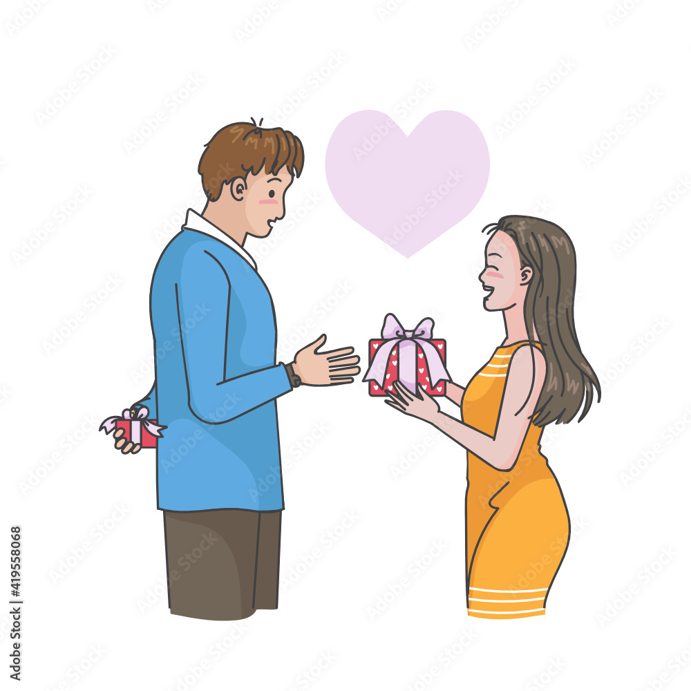 Women giving present to her boyfriend. Man giving surprise gift to woman. Women giving present to her boyfriend. Man giving surprise gift to woman.