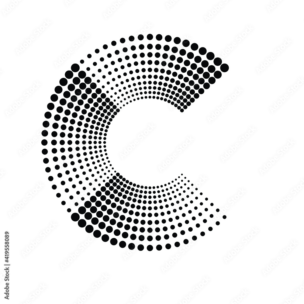 Halftone dots in circle form. round logo . vector dotted frame . design element. Letter c .