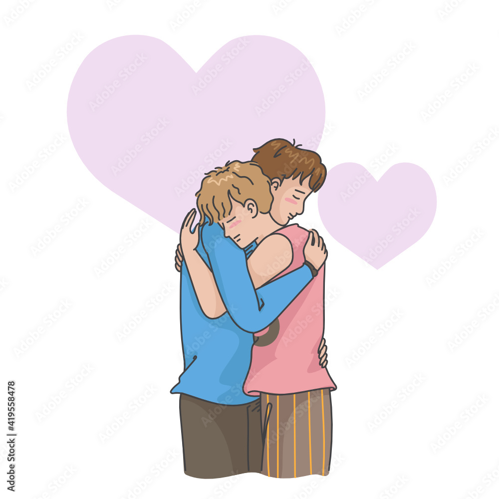 Hugging gay couple sweet in love. Hand drawn style Hugging gay couple sweet in love. Hand drawn style