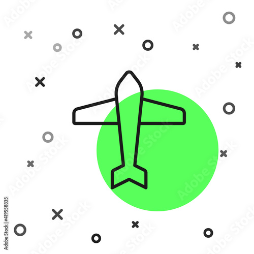 Black line Jet fighter icon isolated on white background. Military aircraft. Vector.