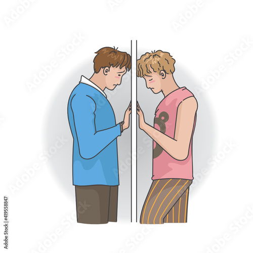 Couple problems in relationship concept side view of sad gay couple separated by wall