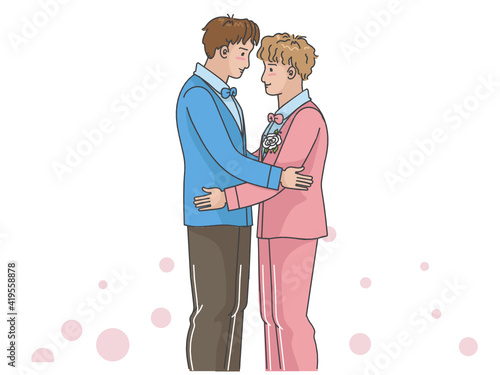Romantic wedding of gay couple. Couple hugging and smiling in a luxurious wedding dress.