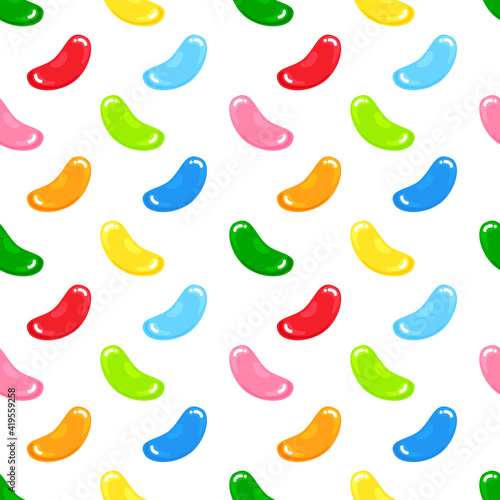 Jelly beans gummy sweet candies seamless pattern with amazing flavor flat style design vector illustration. Bright colorful jelly delicious sweets candy collection isolated on white background.