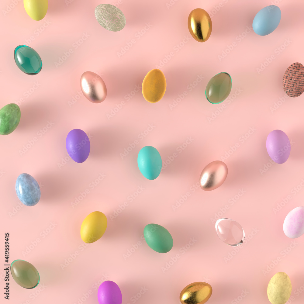 Creative pattern of colorful Easter eggs of unexpected different materials. Flat lay concept on pastel pink background. Creative pattern of colorful Easter eggs of unexpected different materials. Flat lay concept on pastel pink background.