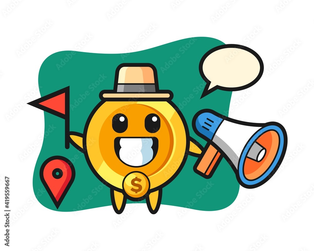 Character cartoon of dollar coin as a tour guide