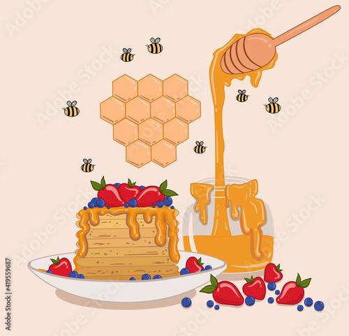 Sweet honey and pancakes with fruit. Honeycomb and bees