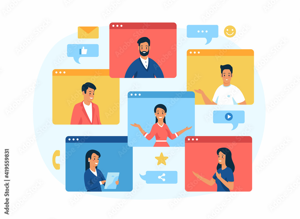 Concept of video conferencing and online communication. Vector illustration