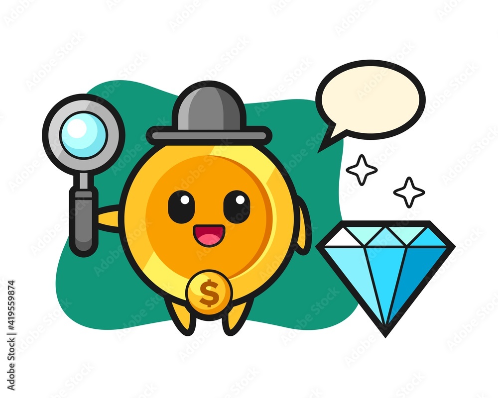 Illustration of dollar coin character with a diamond Illustration of dollar coin character with a diamond