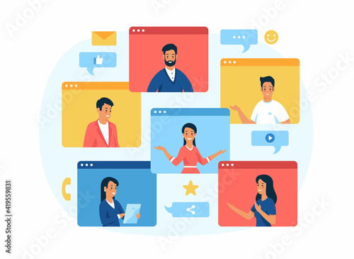 Concept of video conferencing and online communication. Vector illustration