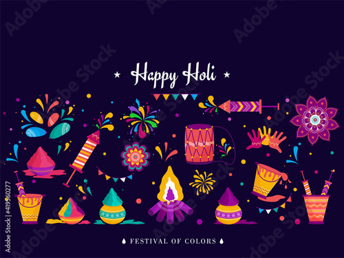 Creative illustration for indian festival of color on dark background. greeting card, invitation,box packaging, banner, header or icon design.