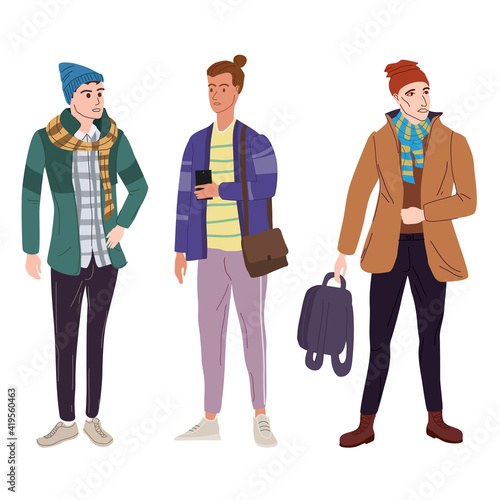 Set Young mans students in modern spring trendy clothes. Fashion casual outerwear street style characters. Flat cartoon style vector isolated