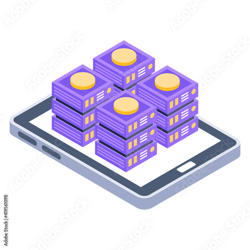 
Mobile and coins denoting isometric style icon of online bitcoins 

