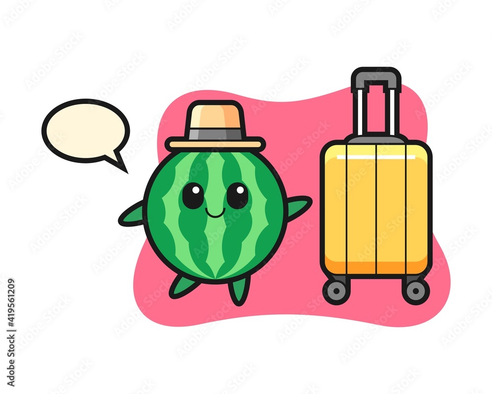 Watermelon cartoon illustration with luggage on vacation