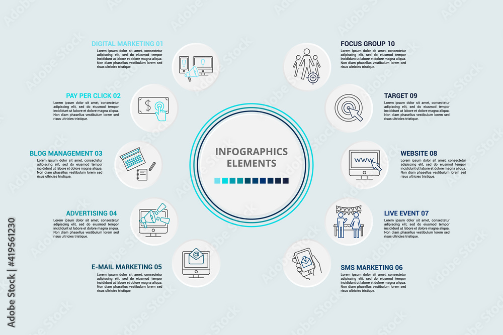 Fototapeta premium Infographic Digital Marketing template. Icons in different colors. Include Digital Marketing, Pay Per Click, Blog Management, Advertising and others.