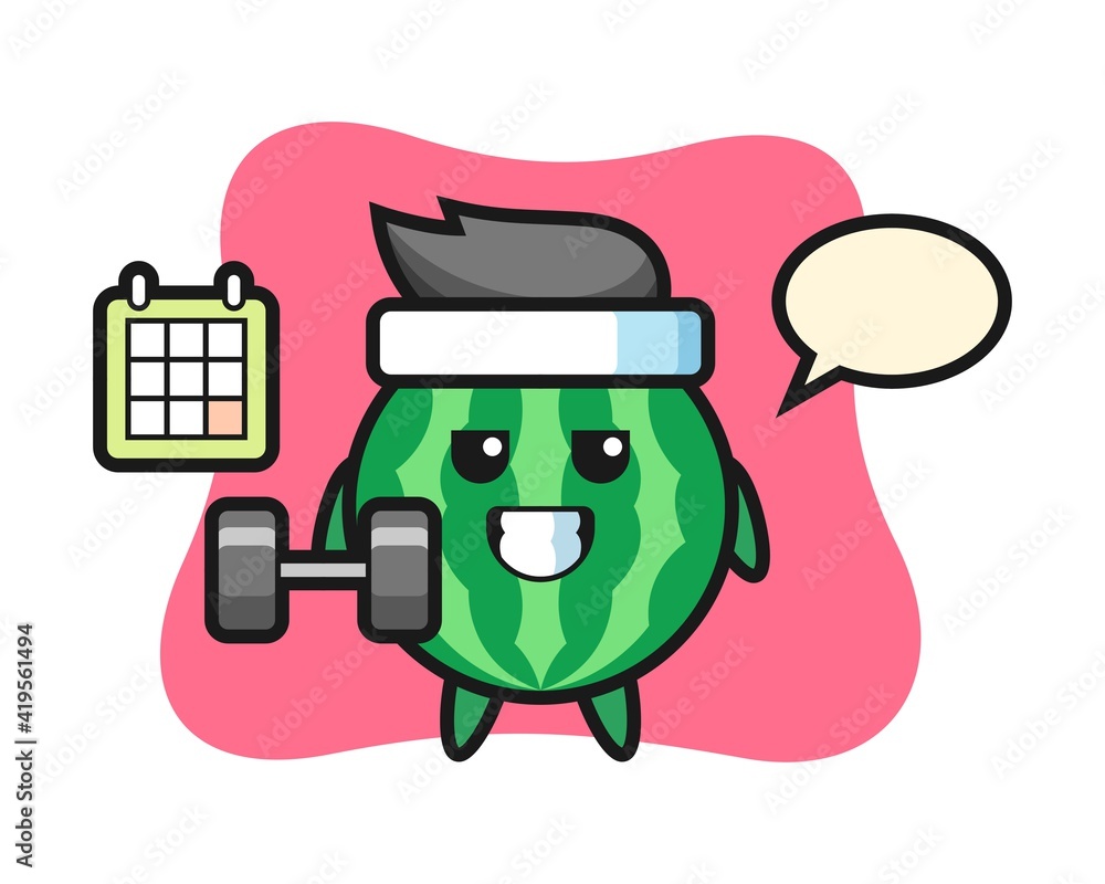 Watermelon mascot cartoon doing fitness with dumbbell