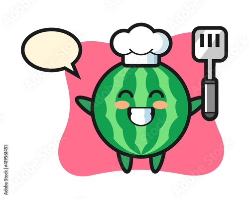 Watermelon character illustration as a chef is cooking