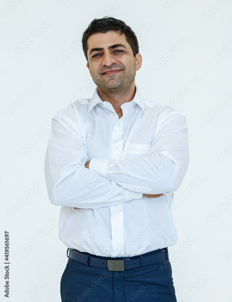 Portrait of Iranian businessman with a beard on face posing in advertising gesture with friendly and positive isolated on white background Portrait of Iranian businessman with a beard on face posing in advertising gesture with friendly and positive isolated on white background