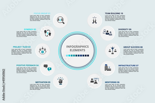 Infographic Team Building template. Icons in different colors. Include Focus Group, Synergy, Project Team, Positive Feedback and others.