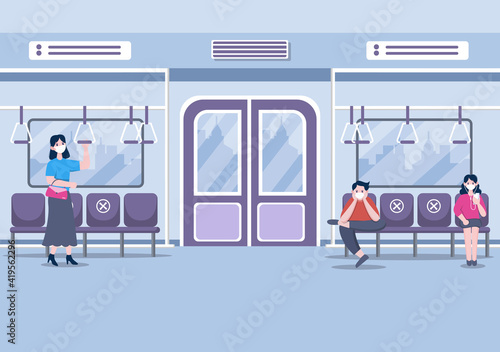 People Wearing Masks and Maintaining Social Distancing While Traveling by Train to Prevent Coronavirus Disease, Vector Illustration © denayune