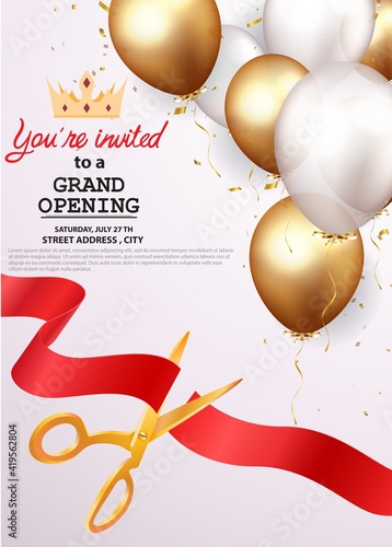 Grand opening card design with red ribbon and colorful confetti
