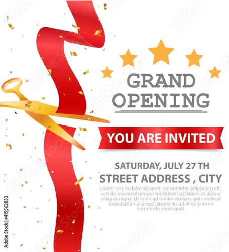 Grand opening card design with red ribbon and colorful confetti