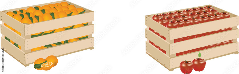 wooden box with oranges and apples wooden box with oranges and apples