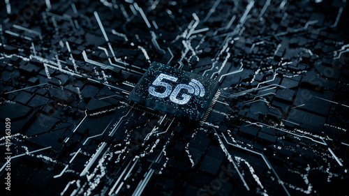 Wireless Technology Concept with 5G symbol on a Microchip. Data flows from the CPU across a Futuristic Motherboard. 3D render.
