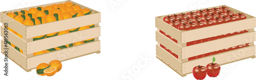 wooden box with oranges and apples