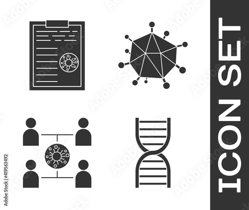 Set DNA symbol, Clipboard with blood test results, Virus spread and Virus icon. Vector.