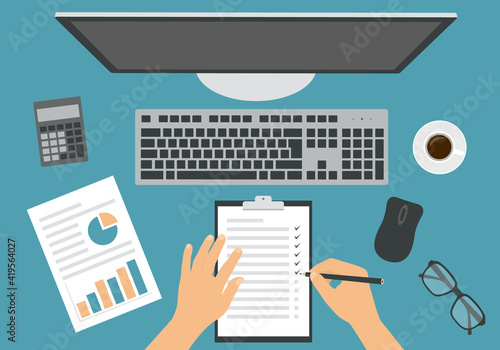 Flat design illustration of female or male hand filling out a pencil questionnaire or to-do list. Computer monitor with keyboard and mouse, calculator next to paper with financial chart, vector