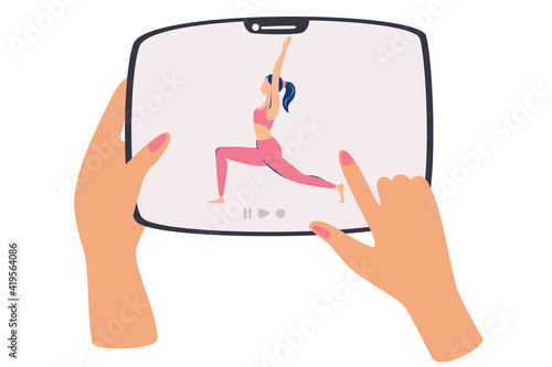 Hands holding a tablet with yoga exercises Woman practices yoga and fitness on her tablet. Online studying yoga class. Workout, activity at home. Healthy lifestyle vector illustration.