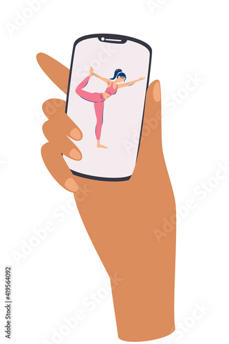Hands holding a mobile with yoga exercises. A mobile online yoga classes. Stay active at home concept. Workout, activity at home. Healthy lifestyle Flat vector cartoon illustration