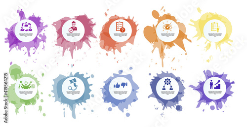 Infographic Management template. Icons in different colors. Include Lead Management, Criticism, Specialist, Interaction and others.