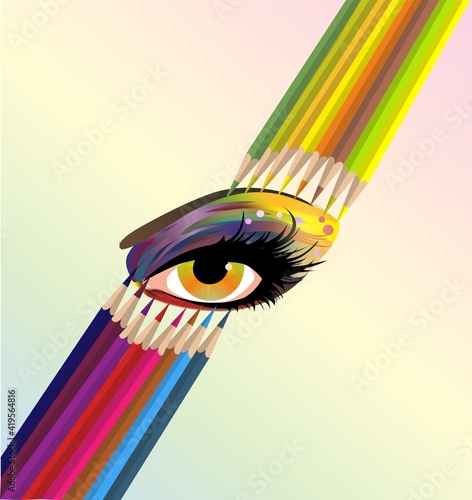 composition with a colored eye surrounded by colored pencils 