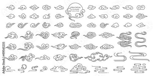 Set of oriental cloud illustration. Chinese clouds elements. Linear hand draw clip art. Japanese Thai Tibetan Korean style. Traditional contemporay modern design.