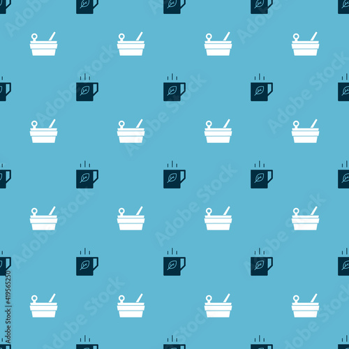 Set Cup of tea and leaf and Sauna bucket ladle on seamless pattern. Vector.