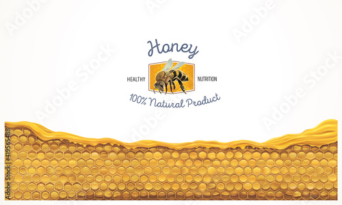Honeycombs with honey, and a symbolic simplified image of a bee as a design element.