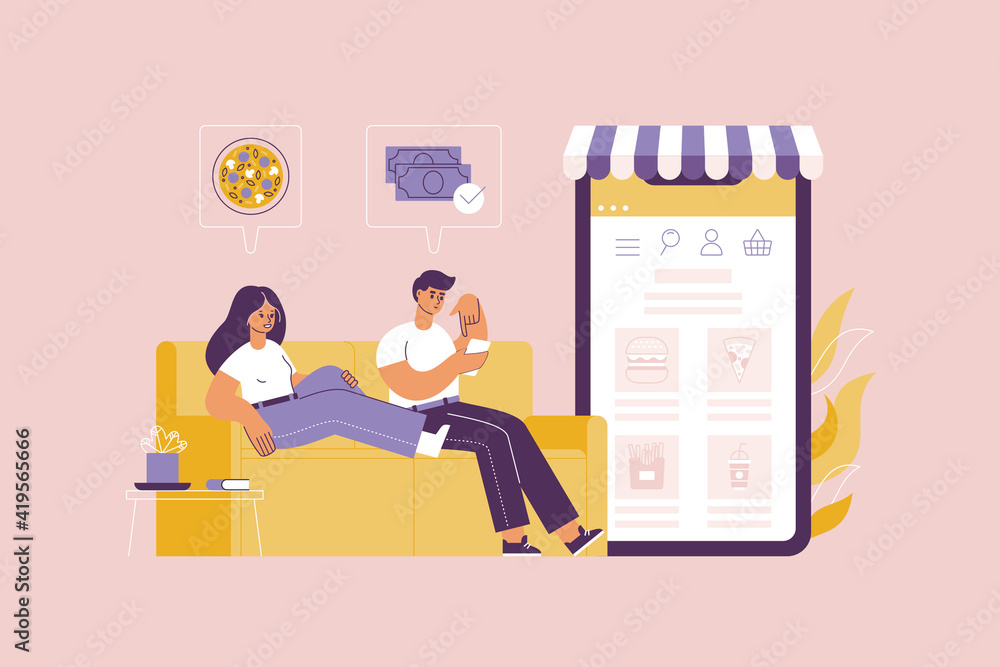 People ordering food at home via mobile application. Female character chooses pizza in online store man pays through Internet banking People ordering food at home via mobile application. Female character chooses pizza in online store man pays through Internet banking
