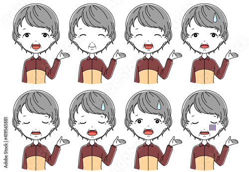 案内をしているジャージ姿のおばあちゃんの笑顔や落ち込んだりしている上半身のイラストセット