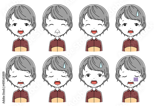 ジャージのおばあちゃんの笑顔や落ち込んだりしている顔のイラストセット