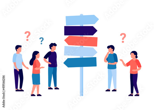 People of man and woman having choose direction path, course moving and development. Career path, choose right way to success concept. Characters with question and thinking which way to go. Vector
