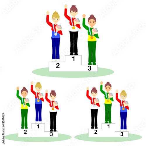表彰台、表彰式のイラスト（女性）／Podium, podium ceremony illustration (female)
