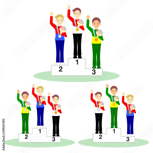 表彰台、表彰式のイラスト（男性）／Podium, podium ceremony illustration (male)